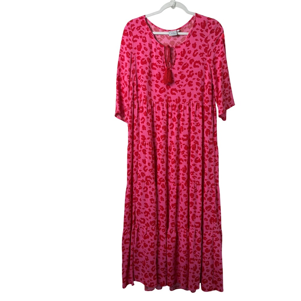 Scamp‎ & Dude Maxi Dress Size UK 12 Pink Red Leopard Print Tiered Tassel Boho